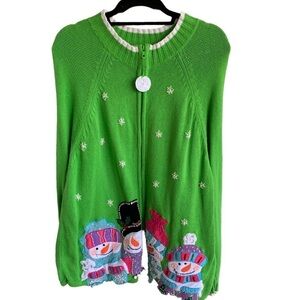 Heirloom Collectibles Cardigan Sweater Christmas Snowman Snowflake Zip Size 3X